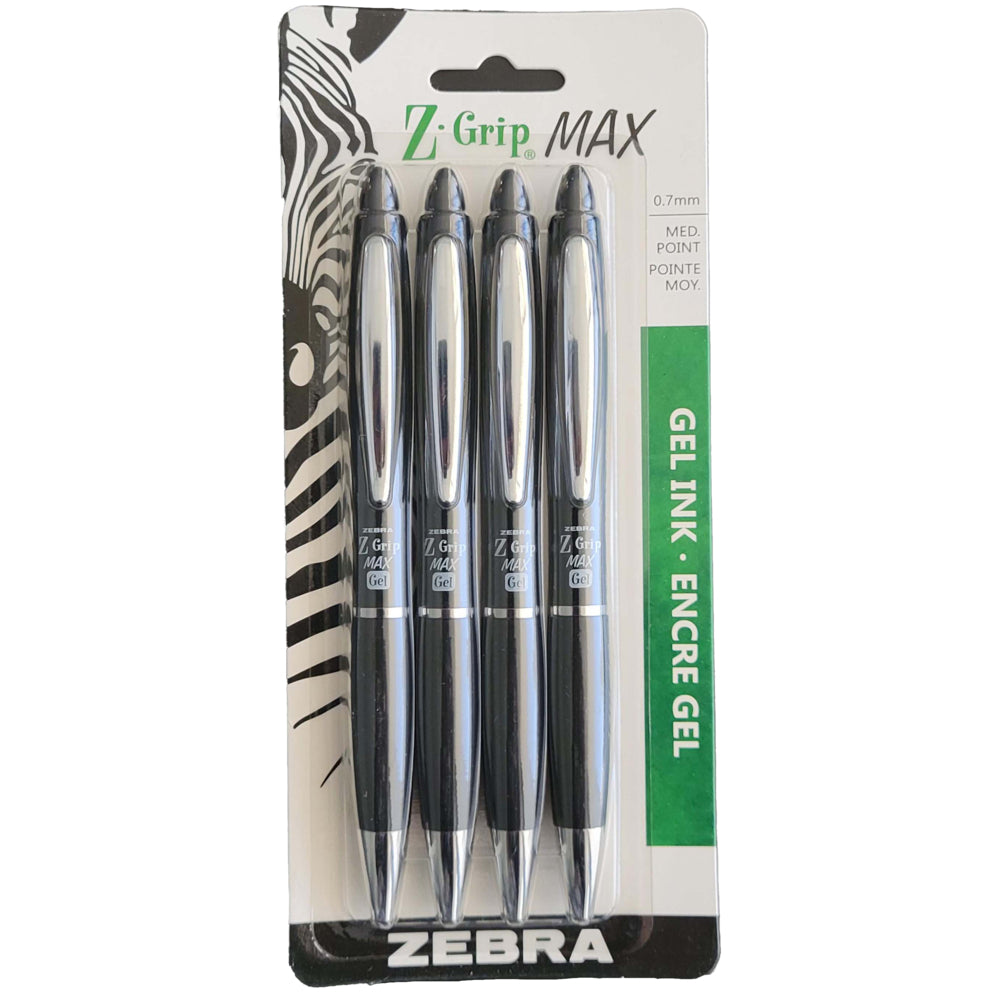 Image of Zebra Z-Grip Max Gel Pens, Retractable, 0.7mm, Black, 4 Pack
