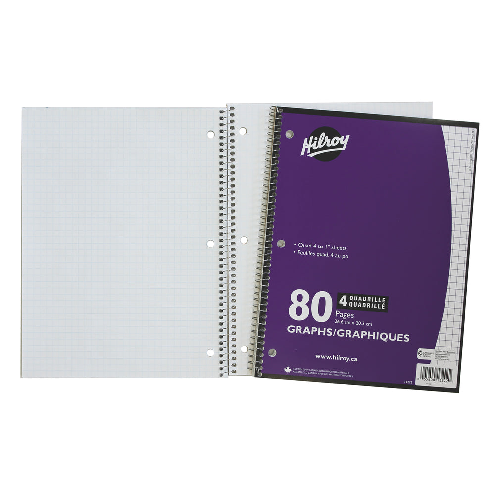 Image of Hilroy 3-Hole 1 Subject Wirebound Notebook - Quad Ruled - 10 1/2" x 8" - 40 Sheets - Violet, White