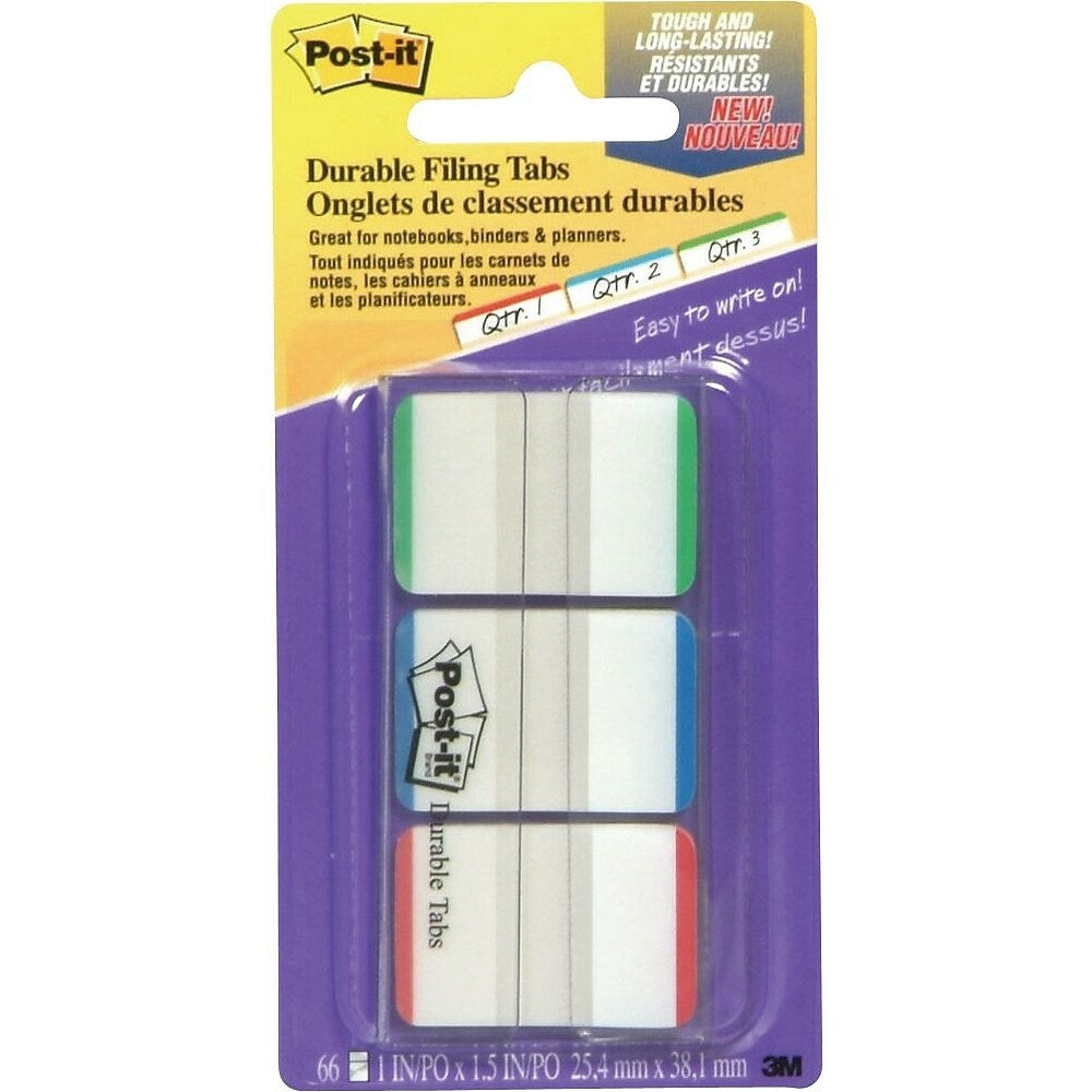 Image of Post-it Durable Index Tabs, Green, Blue & Red, 66 Pack, Multicolour