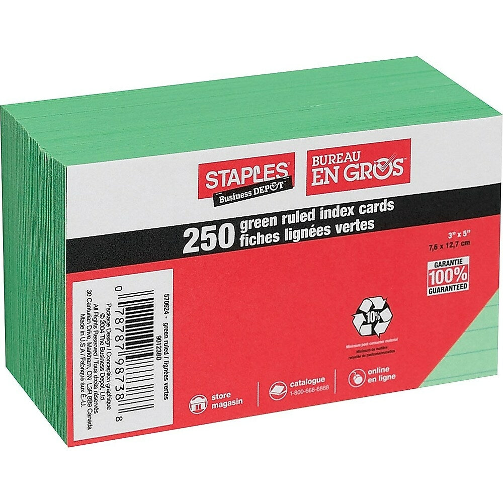 Image of Staples Green Ruled Index Cards - 3" x 5", 250 Pack