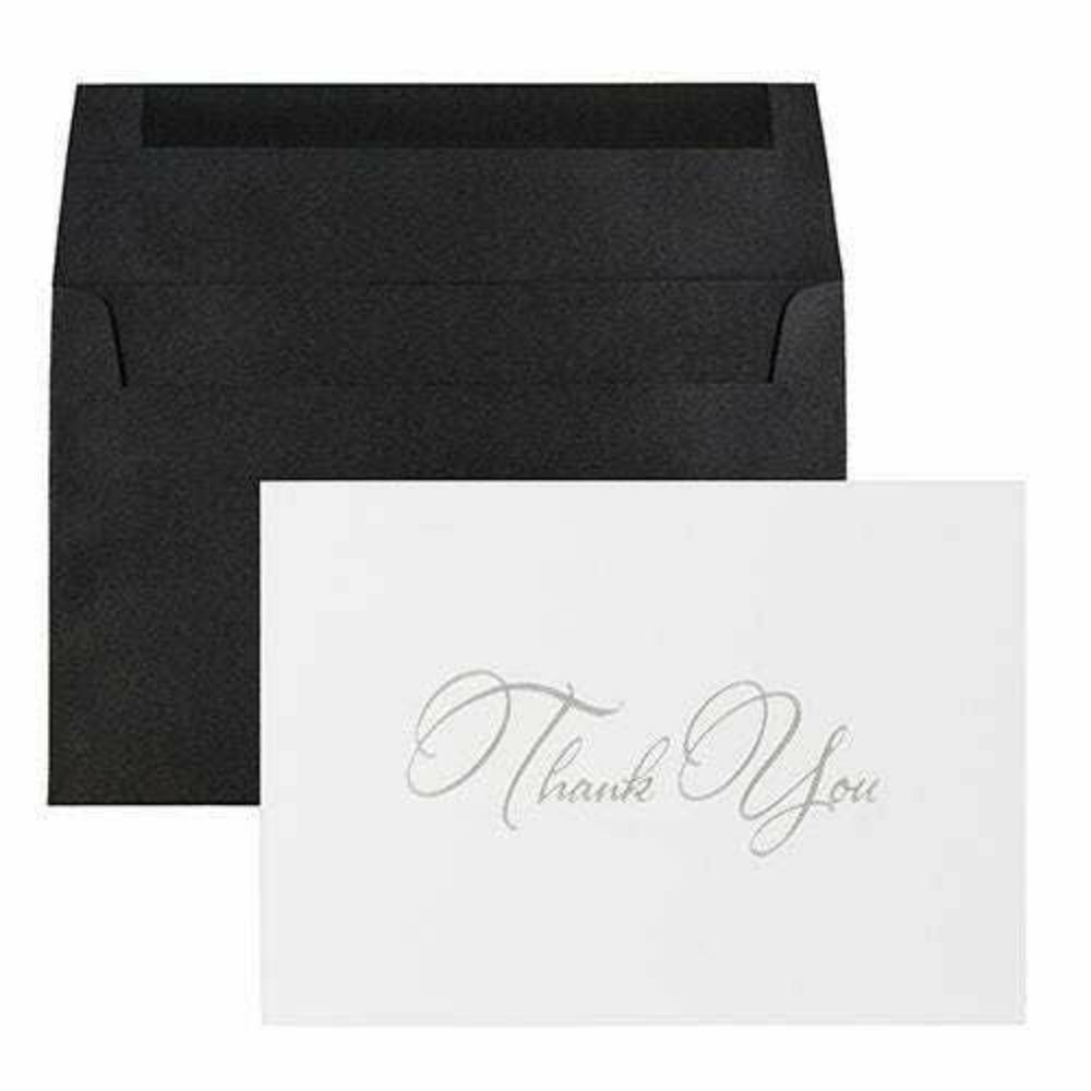 Image of JAM Paper Thank You Card Sets - Silver Script Cards with Black Linen Envelopes - 25 Cards and Envelopes