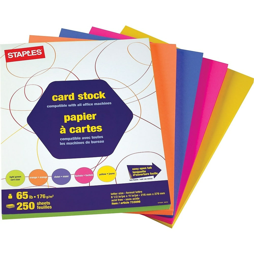 Image of Staples Brights Coloured Card Stock - 8-1/2" x 11" - 65 lb - Assorted Neon Colours - 250 Sheets, 250 Pack