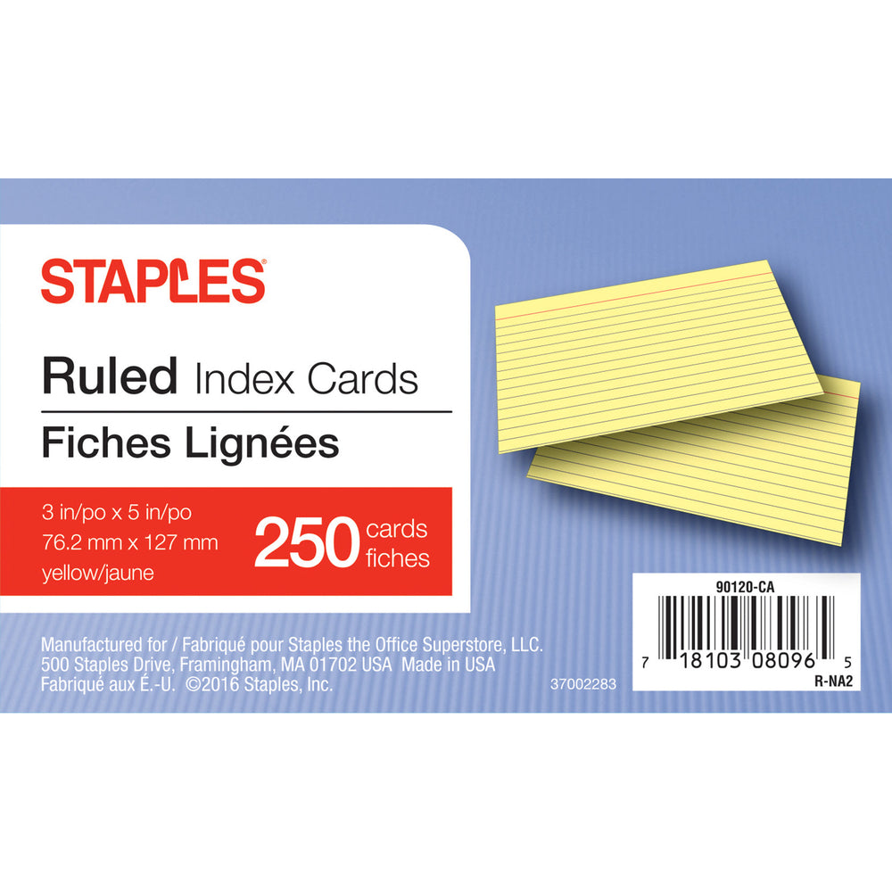 Image of Staples Yellow Ruled Index Cards - 3" x 5", 250 Pack