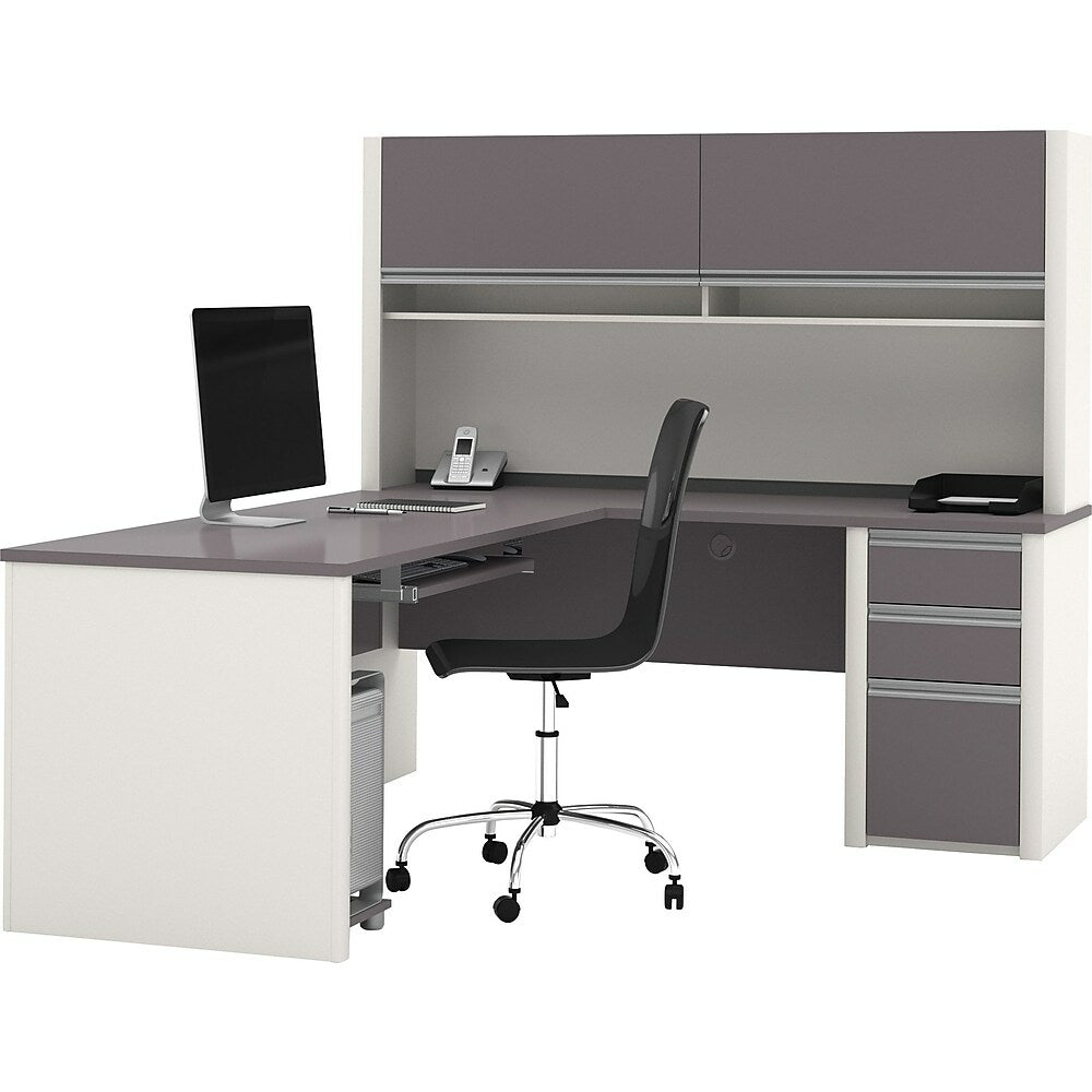 Image of Bestar Connexion Collection L-Shape Desk With Hutch & Pedestal, Sandstone & Slate, Grey