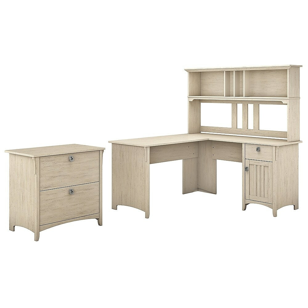 Image of Bush Furniture Salinas L-Shaped Desk with Hutch & Lateral File Cabinet - Antique White