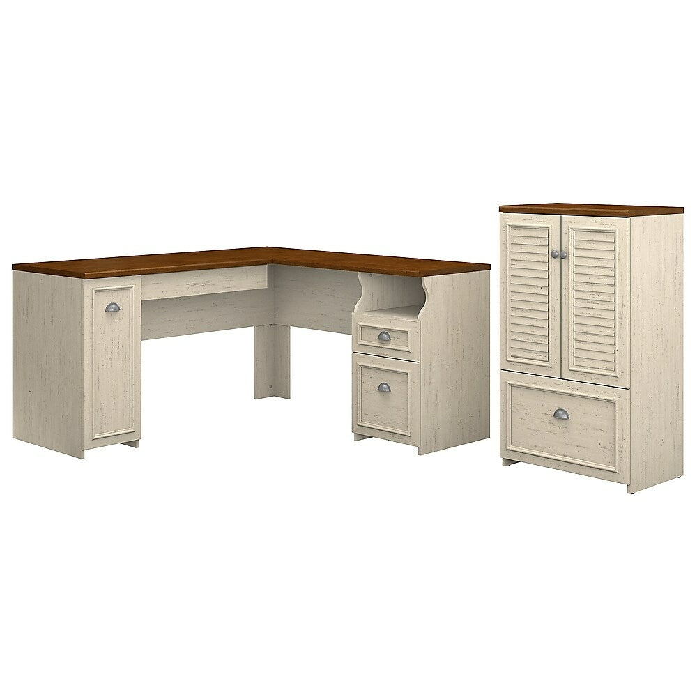 Image of Bush Furniture Fairview 60W L Shaped Desk and Storage Cabinet with Drawer, Antique White/Tea Maple (FV009AW), Brown