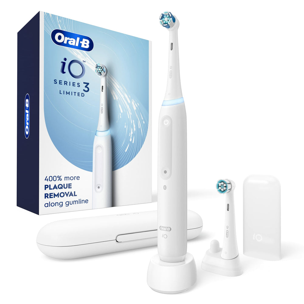 Image of Oral-B Power iO Series 3 Limited Electric Toothbrush with 2 Brush Heads, Travel Case and Refill Holder - White