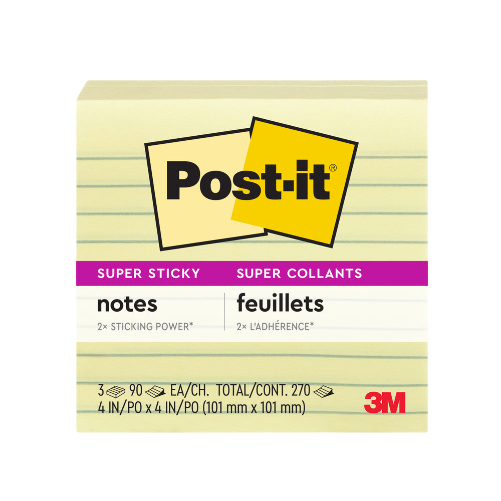 Image of Post-it Super Sticky Notes - 4" x 4" - Canary Yellow - Lined - 270 sheets - 3 Pack