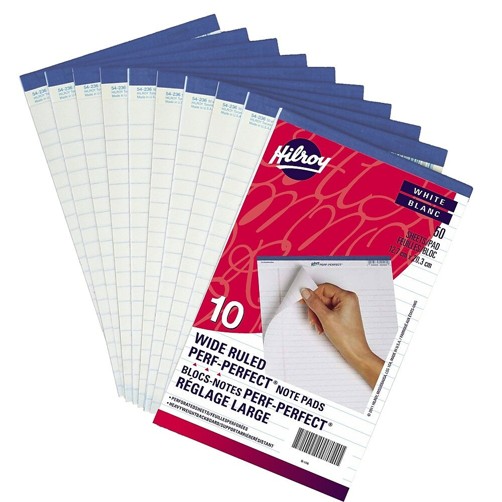 Image of Hilroy Perf-Perfect Pad, 5" x 8", Wide-Ruled, White, 50 Sheets, 10 Pack