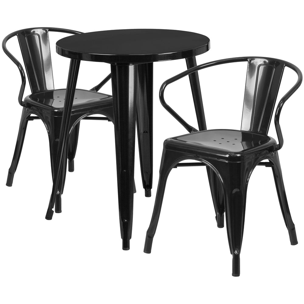 Image of 24" Round Black Metal Indoor-Outdoor Table Set with 2 Arm Chairs (CH-51080TH-2-18ARM-BK-GG)