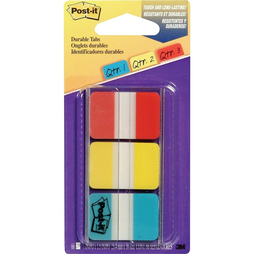 Image of Post-it Durable Index Tabs, Red, Yellow & Blue, 66 Pack