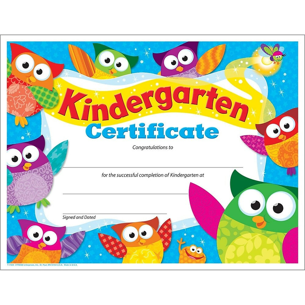 Image of Trend Enterprises 8 1/2" x 11" Owl Stars Kindergarten Certificate, 180 Pack (T-17009)