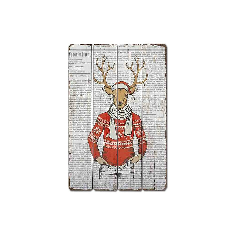 Image of Sign-A-Tology Red Sweater Funky Deer (Newspaper) Wooden Sign - 24" x 16"