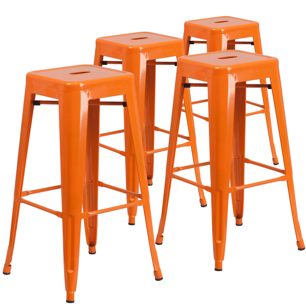 Image of Flash Furniture Commercial Grade 30" High Backless Orange Metal Indoor-Outdoor Barstool with Square Seat, 4 Pack