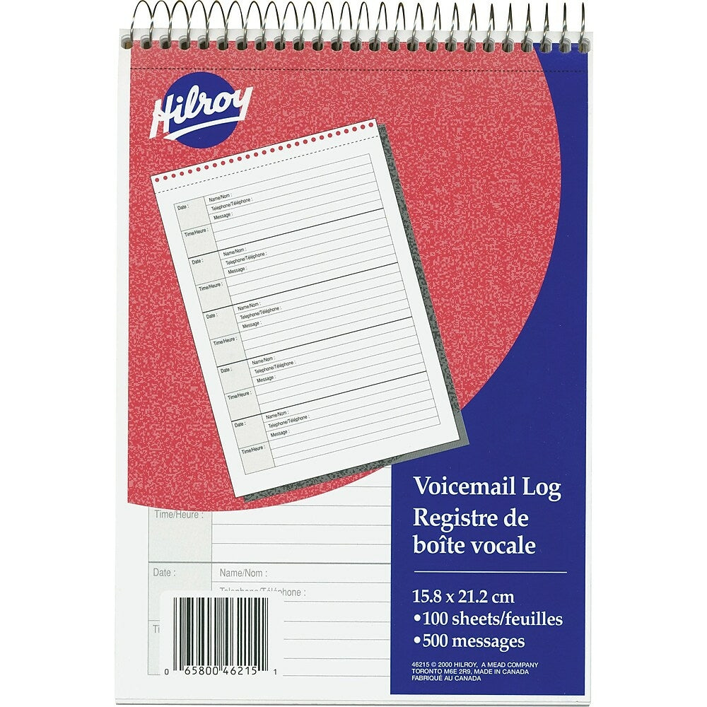 Image of Hilroy Top-Coil Voicemail Log Book, 6-1/4" x 8-7/8", 500 Messages, Bilingual, Red