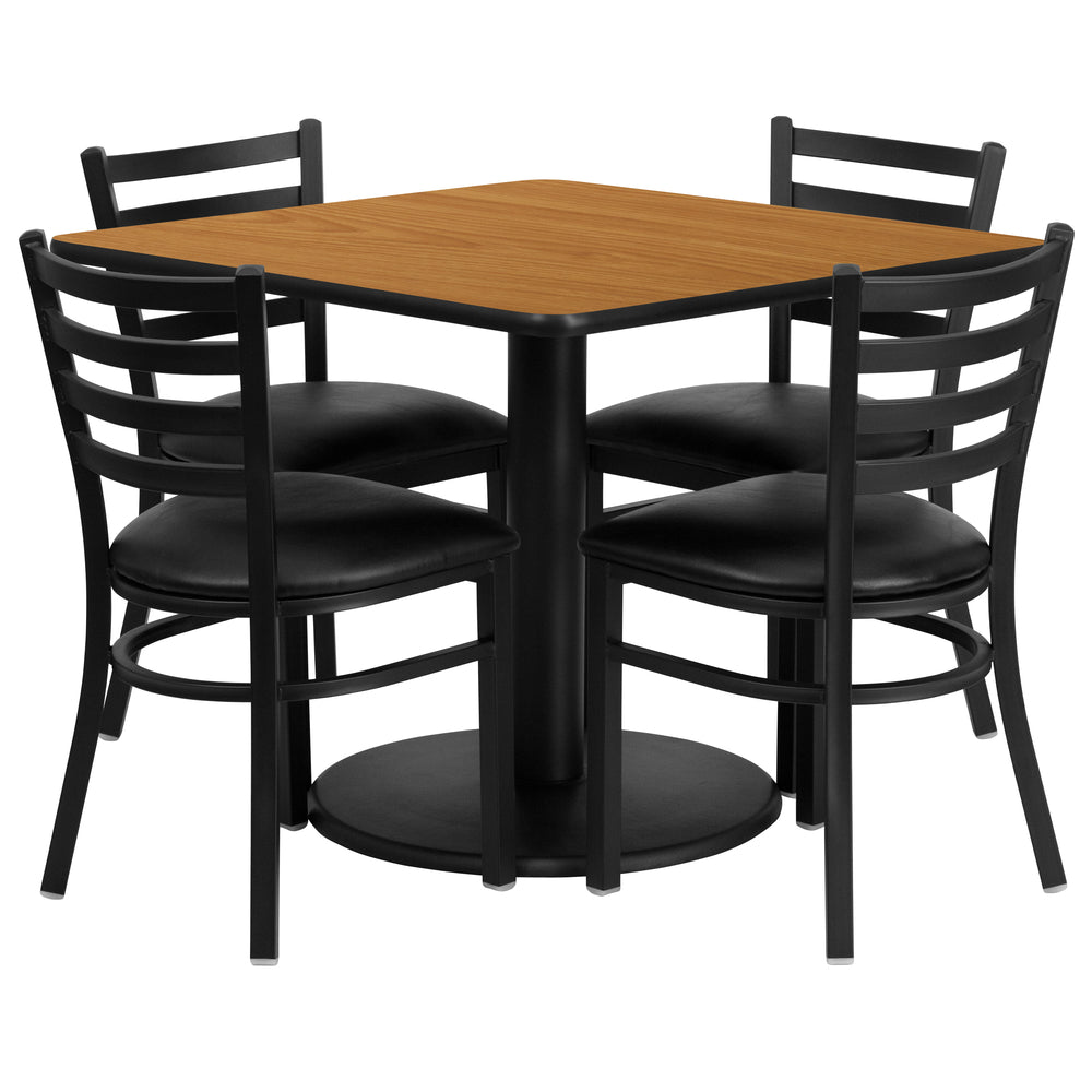 Image of Flash Furniture 36" Square Natural Laminate Table Set with Round Base & 4 Ladder Back Metal Chairs - Black Vinyl Seat