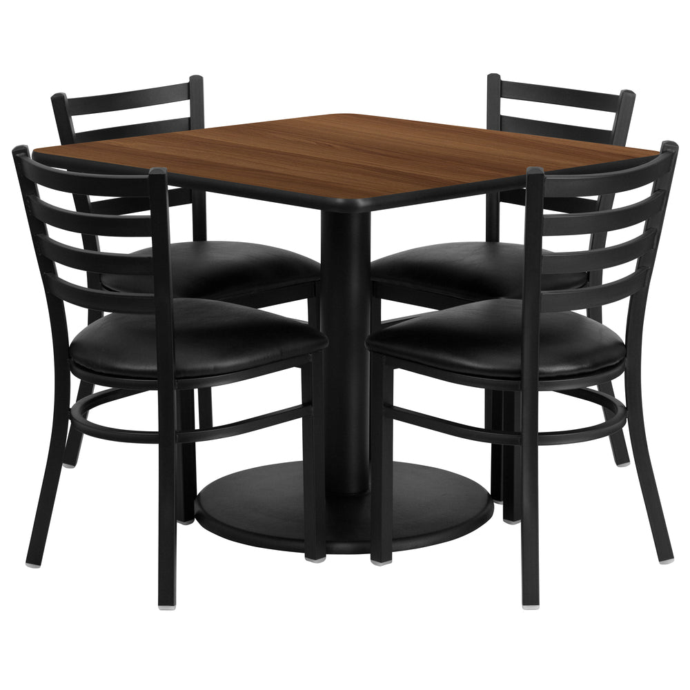 Image of Flash Furniture 36" Square Walnut Laminate Table Set with Round Base & 4 Ladder Back Metal Chairs - Black Vinyl Seat