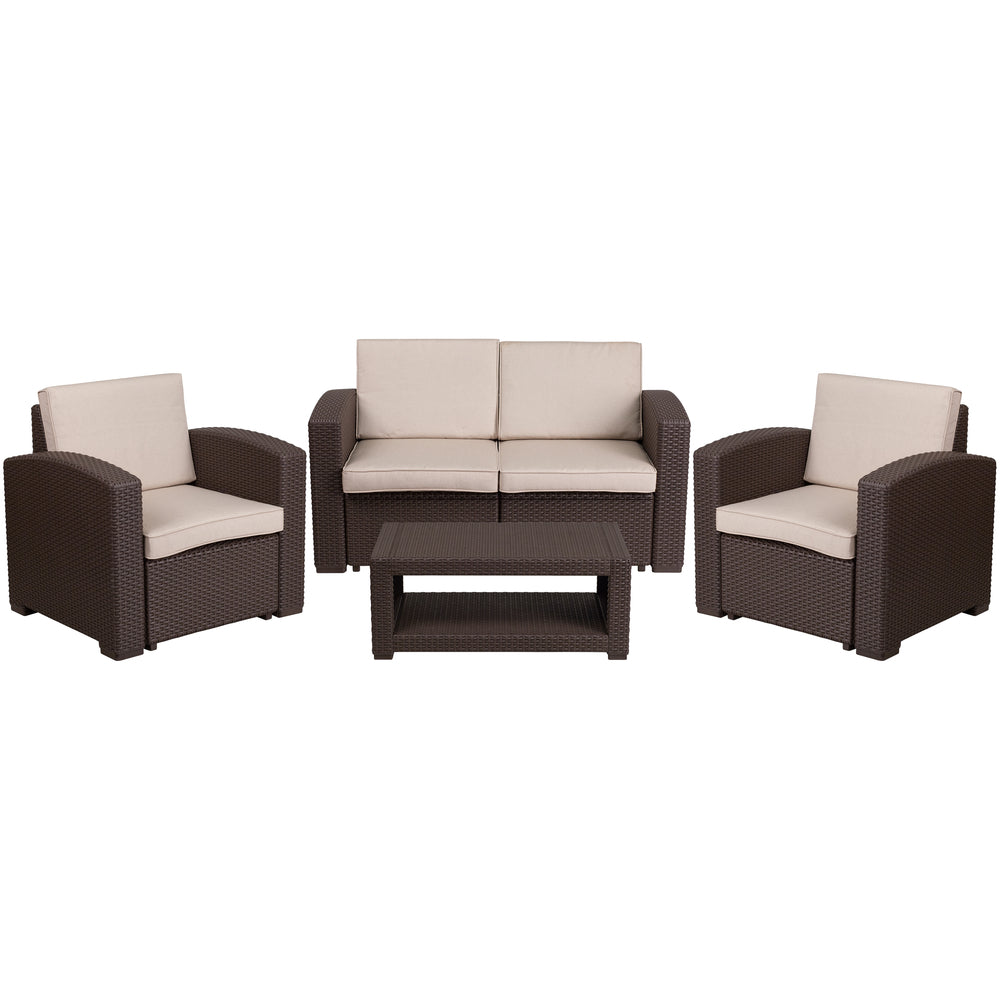 Image of Flash Furniture 4 Piece Outdoor Rattan Set with 2 Seat Love Seats, Beige (DADSF112TCBN)