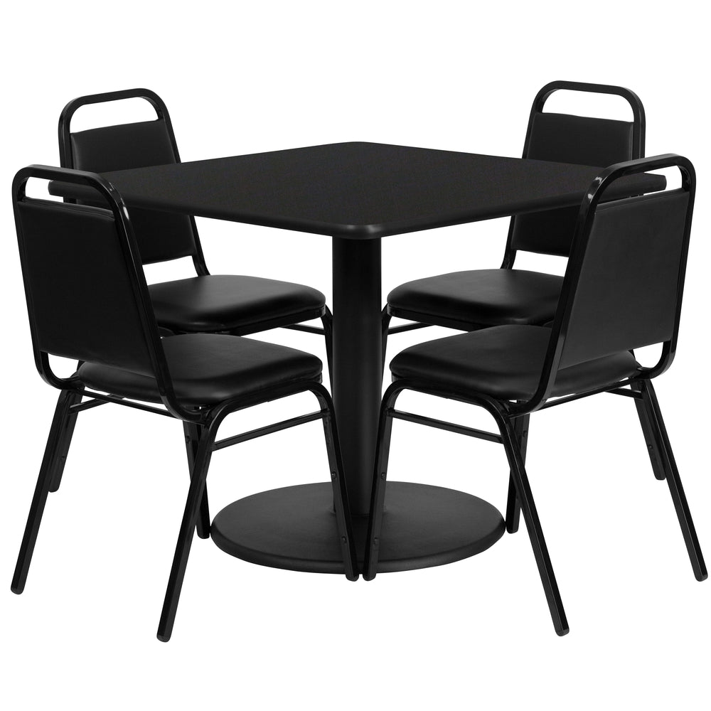 Image of Flash Furniture, 36" Square Black Laminate Table Set with Round Base and 4 Black Trapezoidal Back Banquet Chairs