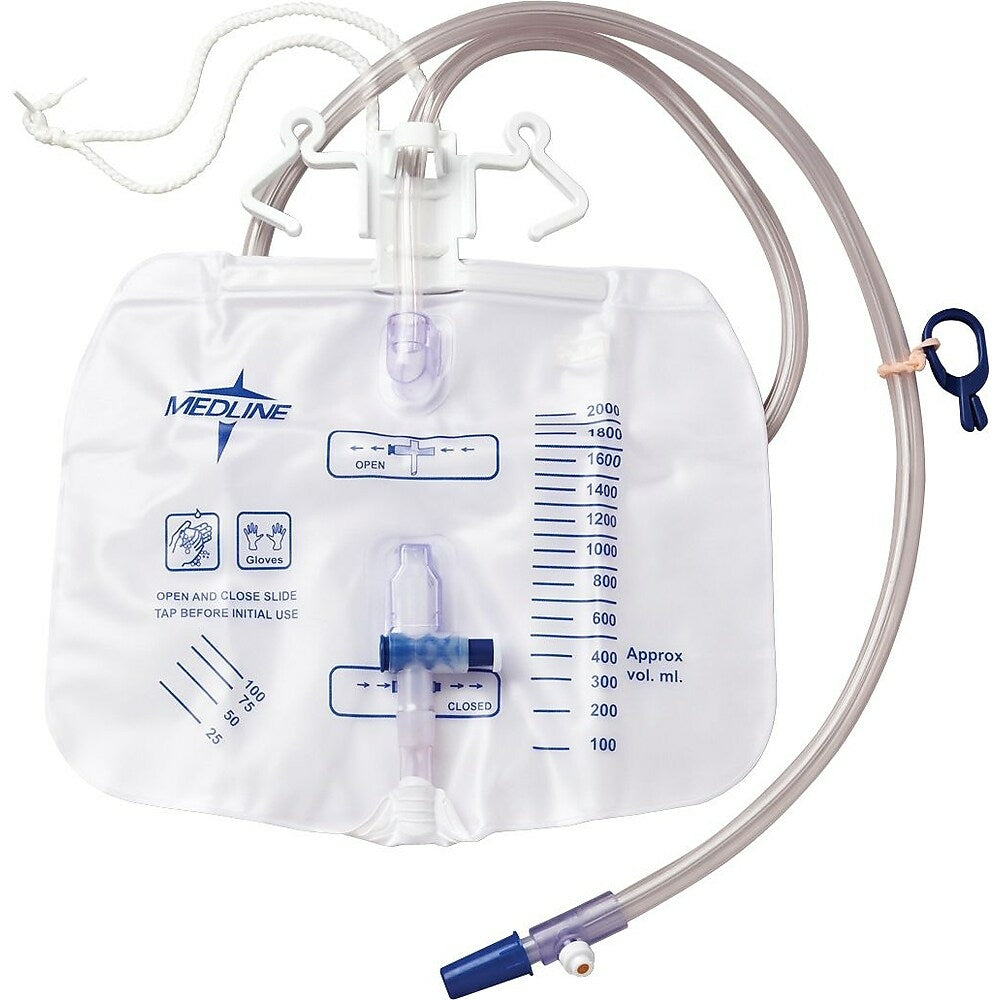 Image of Medline Urinary Drainage Bags with Anti-reflux Tower, 4000 mL, Metal Clamp, 20 Pack