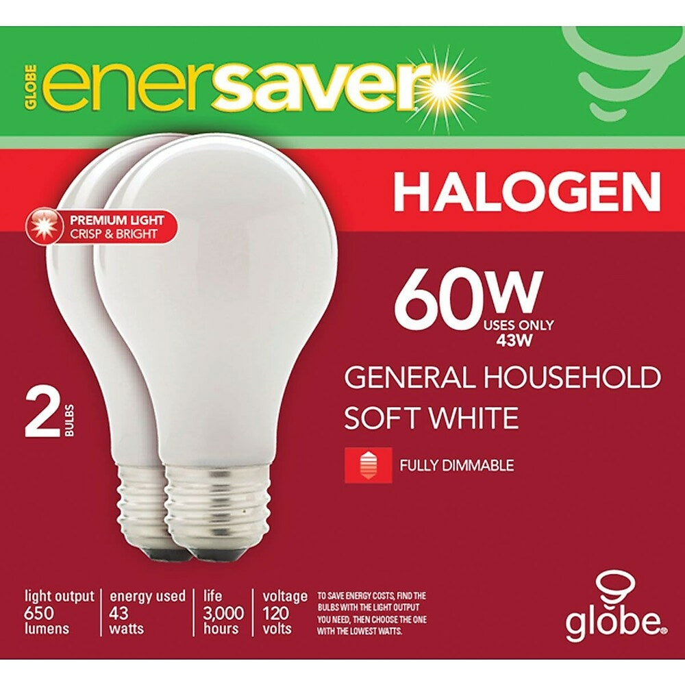 Image of Globe Enersaver Halogen A19 43W Bulbs, Soft White, 2 Pack