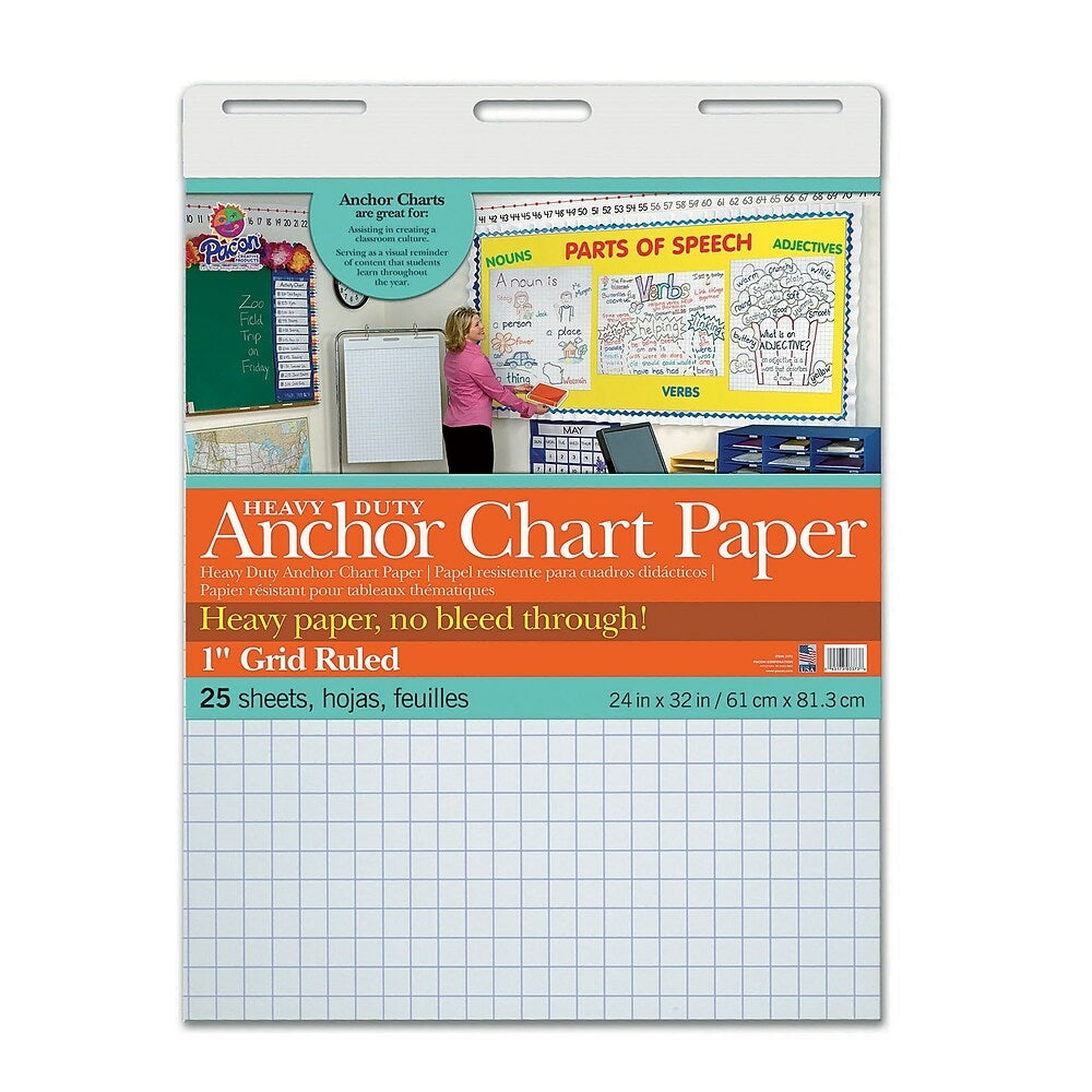 Image of Pacon Heavy Duty Anchor Chart Paper, 24" x 32", White, 1" Grid Rule, 25 Sheets/Pad (PAC3373)