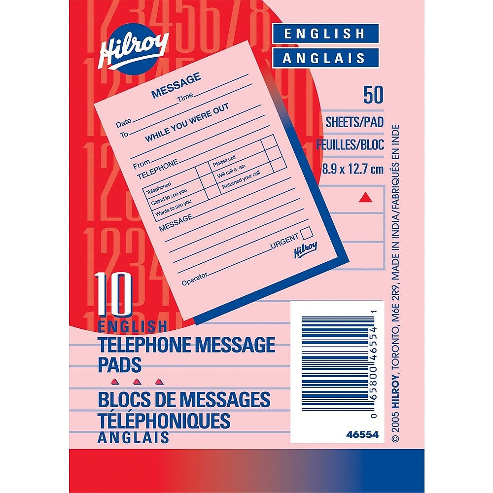 Image of Hilroy Telephone Message Pads, 3-1/2" x 5", 50 Sheets, English, 10 Pack