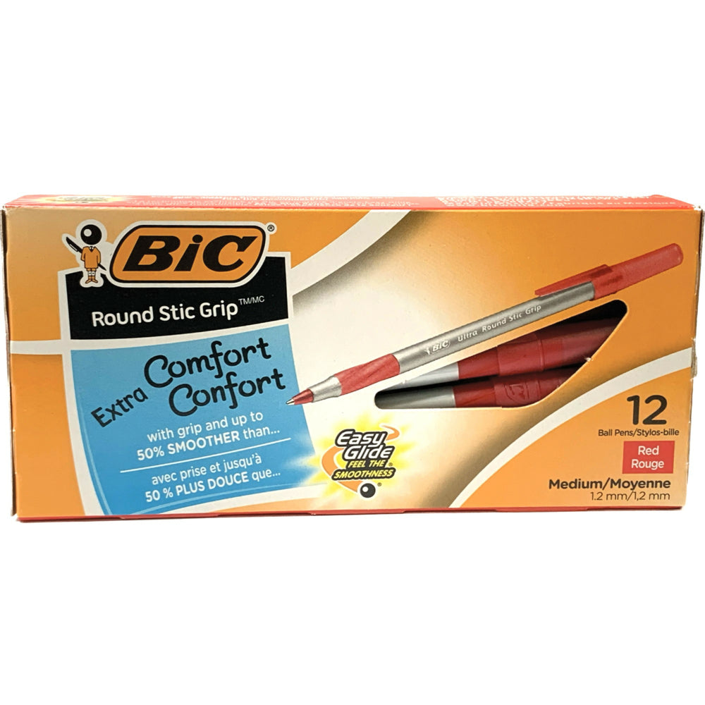 Image of BIC Ultra Round Stic Grip Ballpoint Pens - 1.2mm - Red - 12 Pack