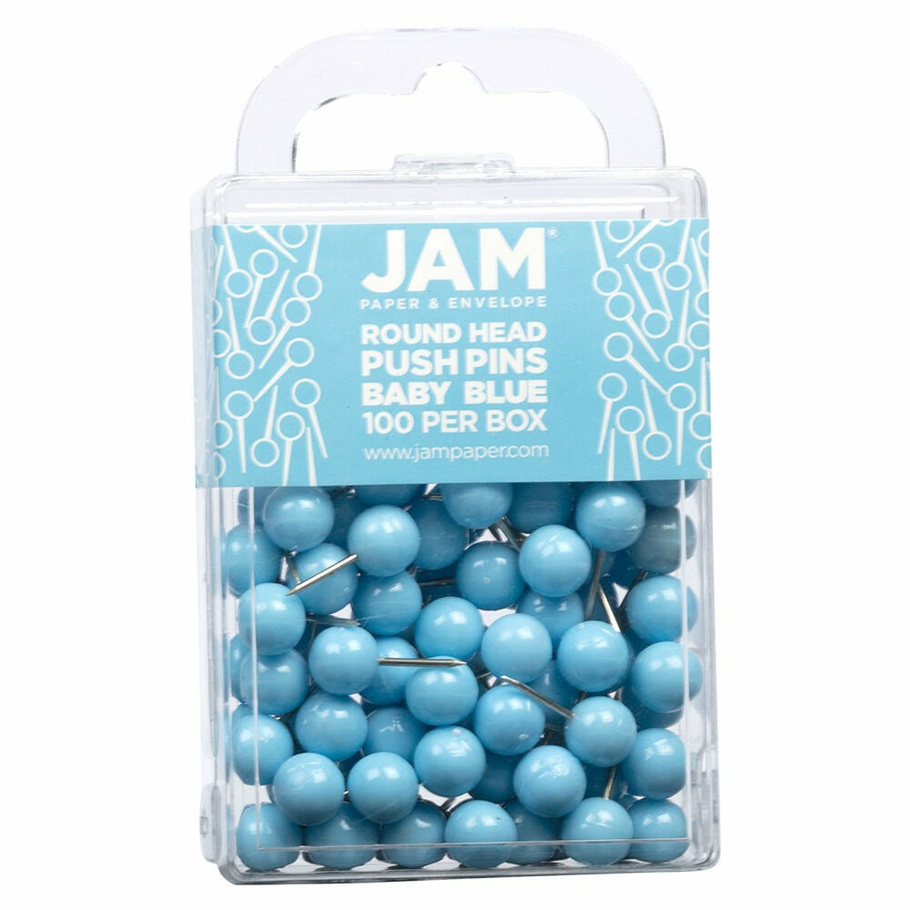 Image of JAM Paper Colorful Push Pins - Round Head Map Thumb Tacks - Baby Blue - 100 Pack