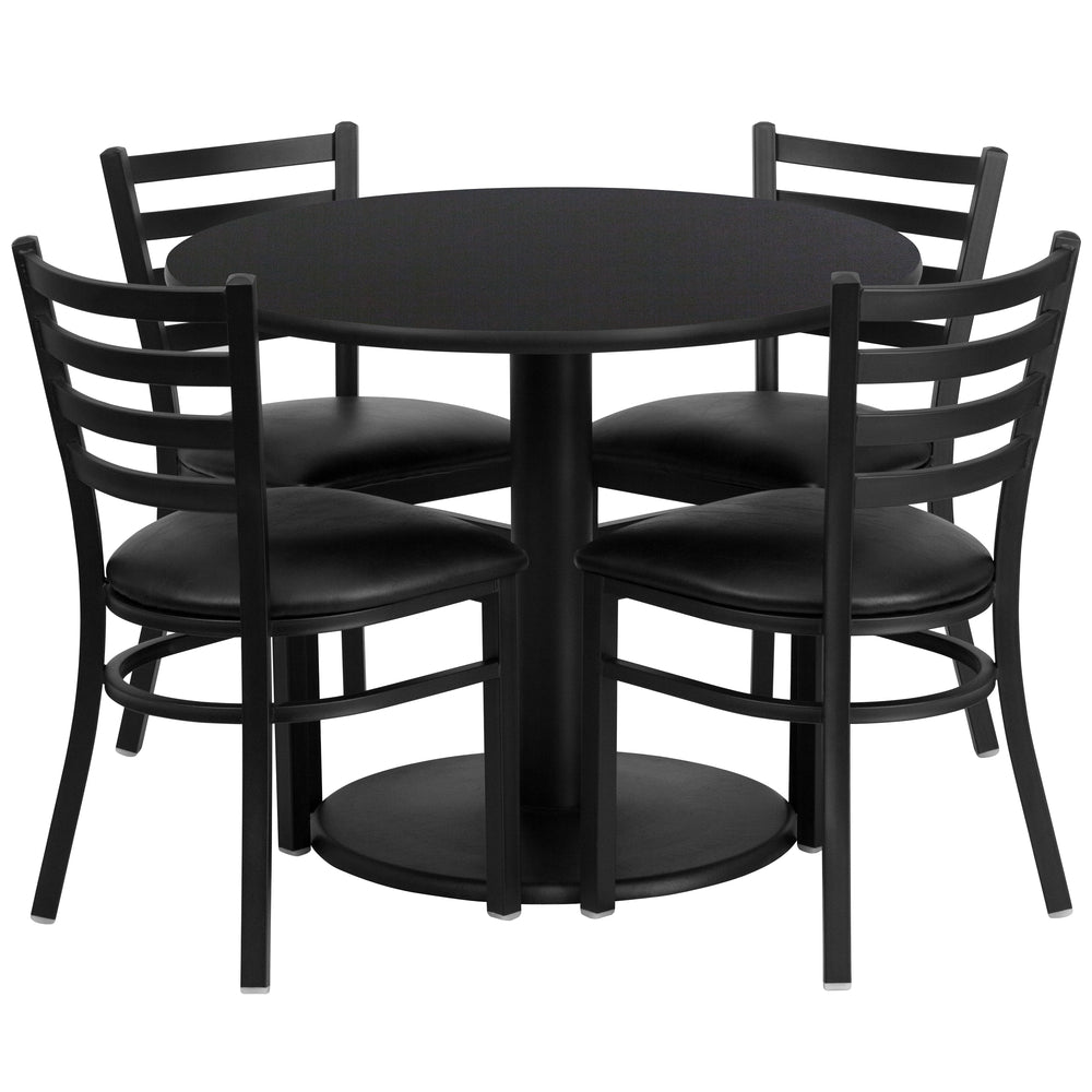 Image of Flash Furniture 36" Round Black Laminate Table Set with Round Base & 4 Ladder Back Metal Chairs - Black Vinyl Seat