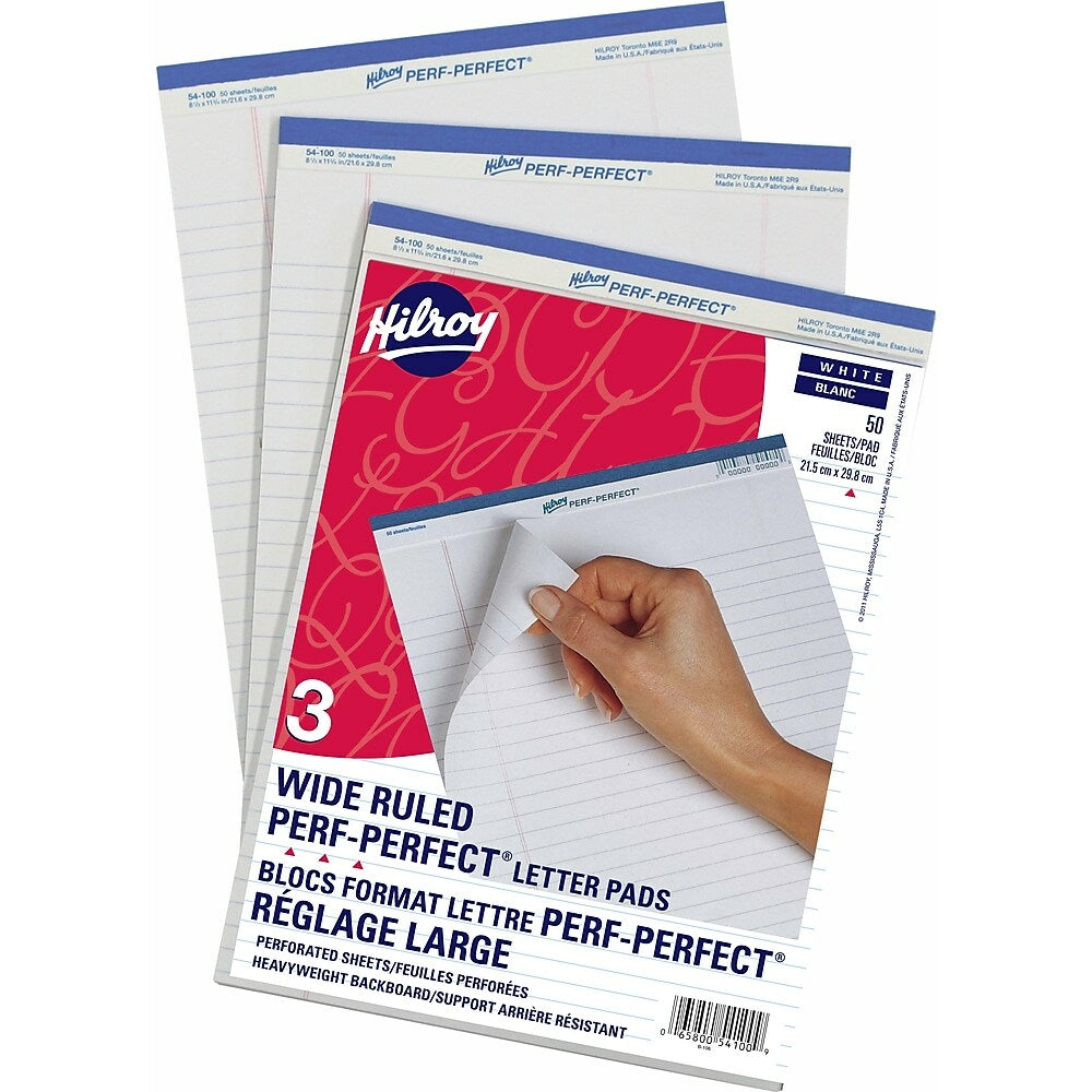 Image of Hilroy Perf-Perfect Pad, 8-1/2" x 11", Wide-Ruled, White, 50 Sheets, 3 Pack