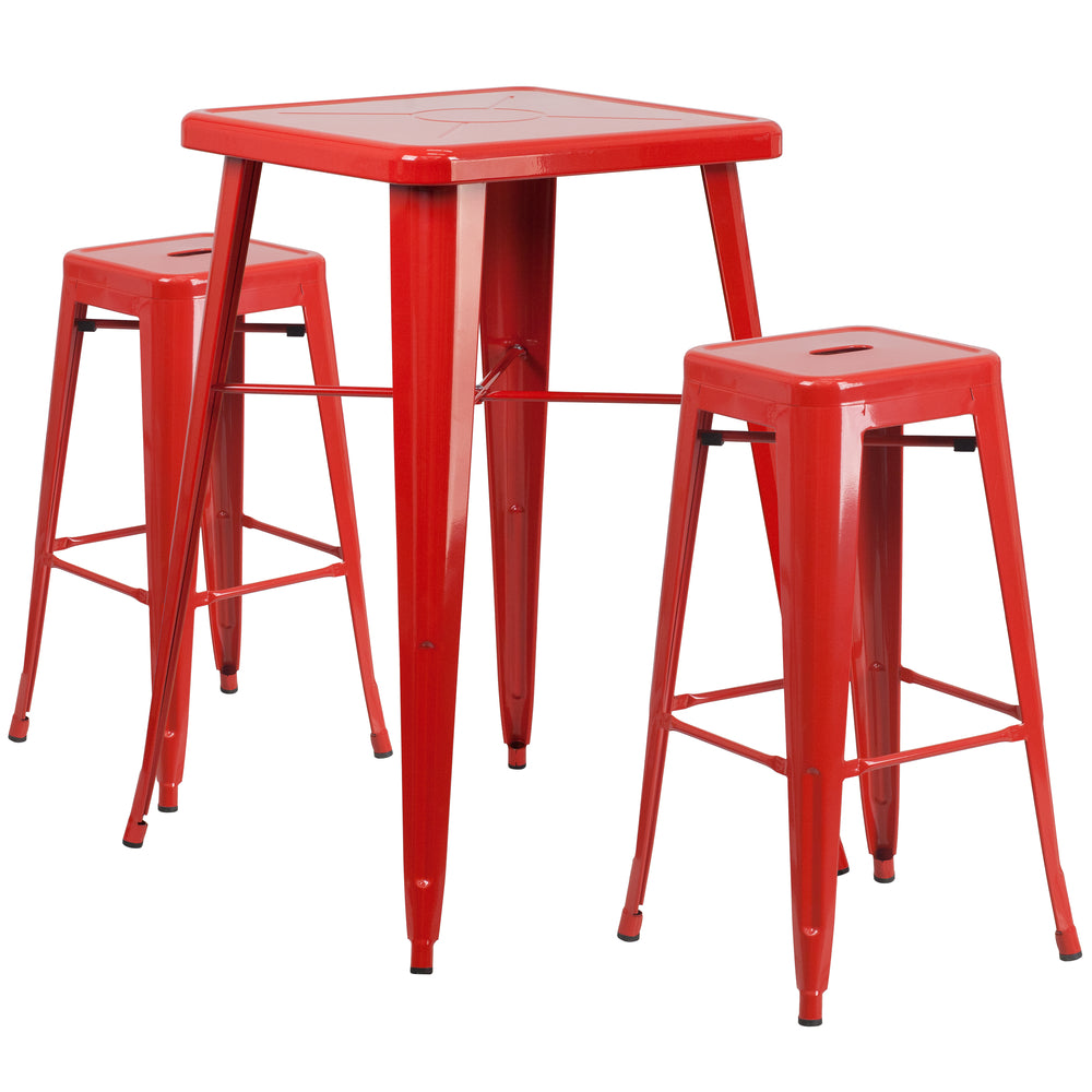 Image of Flash Furniture Metal Indoor-Outdoor Bar Table Set with 2 Backless Barstools, Red (CH31330B230SQRD)