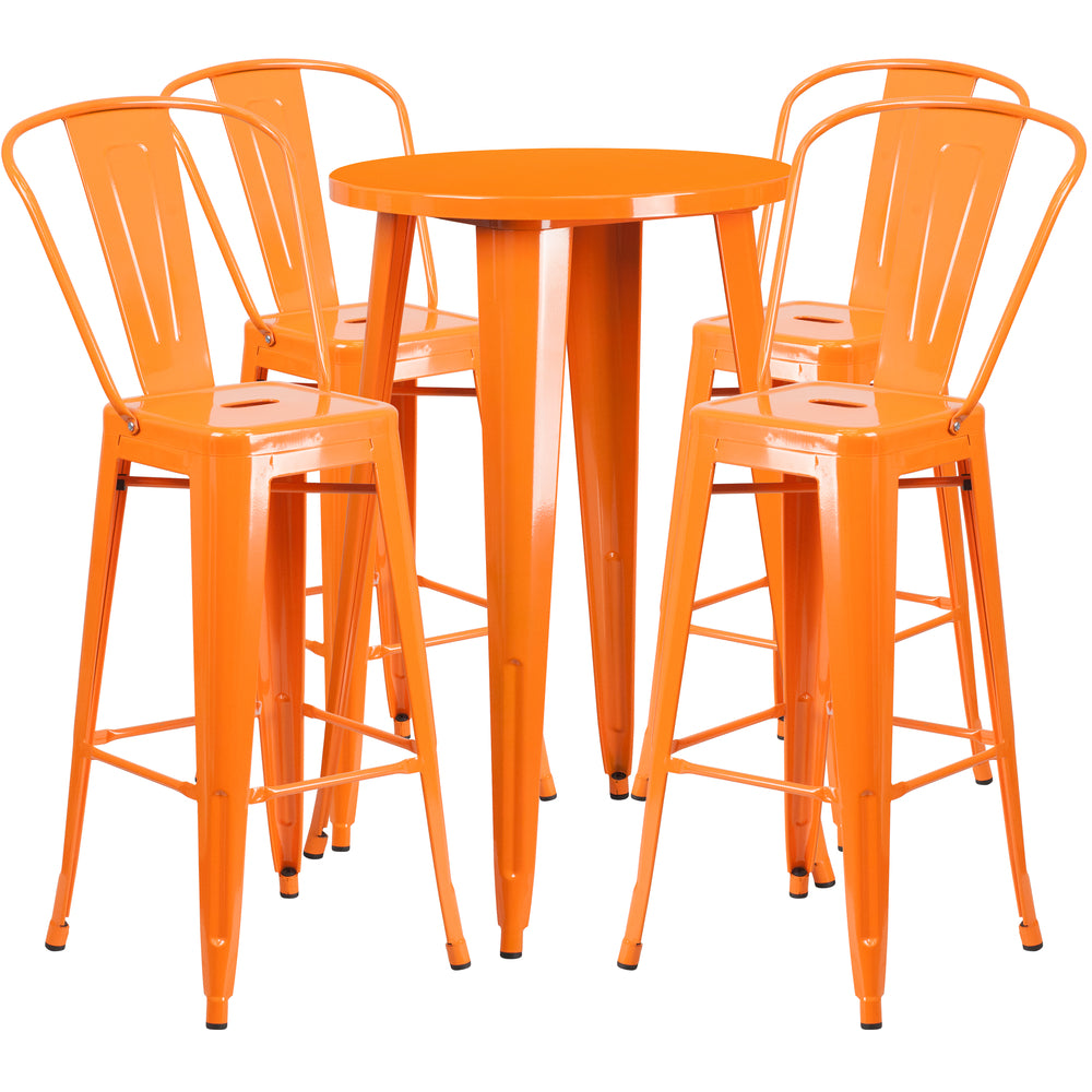 Image of 24" Round Orange Metal Indoor-Outdoor Bar Table Set with 4 Cafe Barstools [CH-51080BH-4-30CAFE-OR-GG]