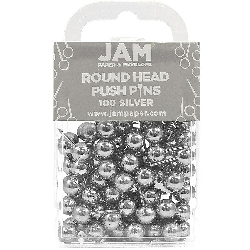 Image of JAM Paper Metal Thumb Tacks Push Pins, Round Top, Silver, 100 Pack (22432214)