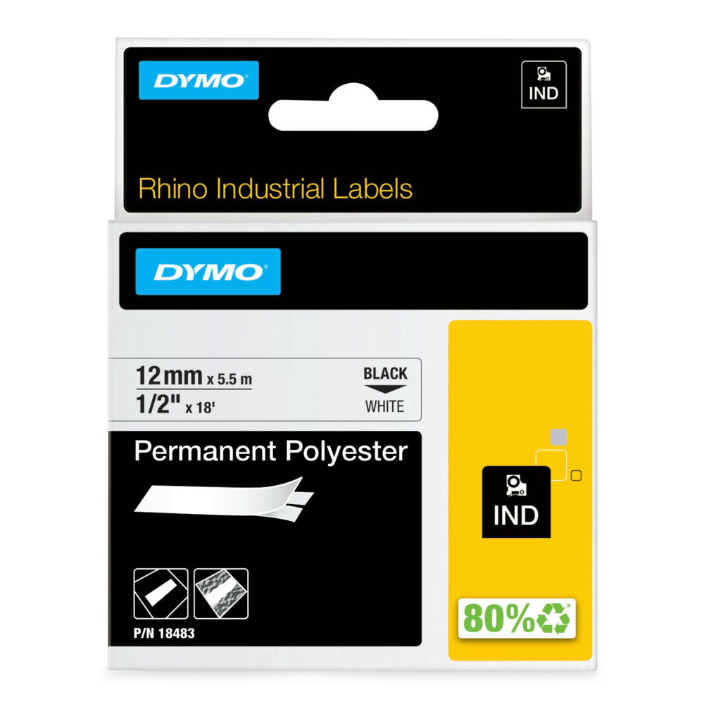 Image of DYMO Rhino Label Tape, 12mm (1/2") Black on White Poly