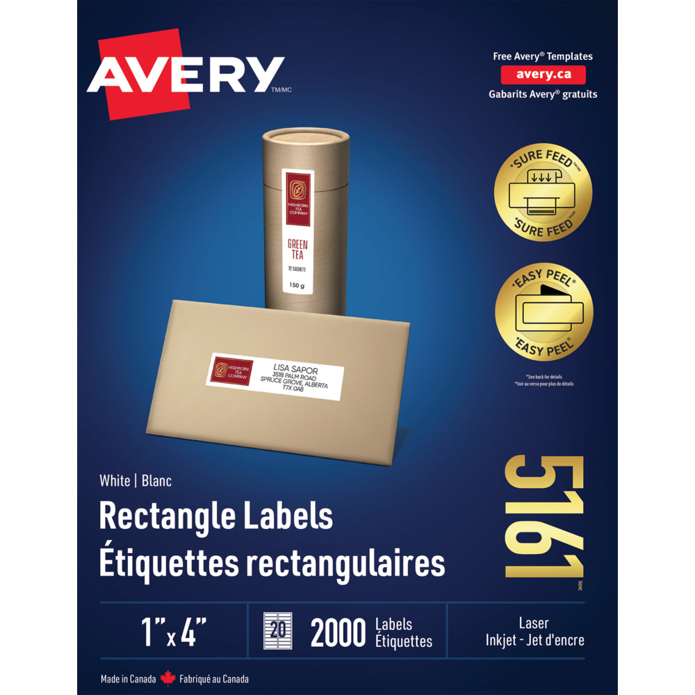 Image of Avery Easy Peel White Laser & Inkjet Address Labels, 4" x 1", 2000 Pack (5161)