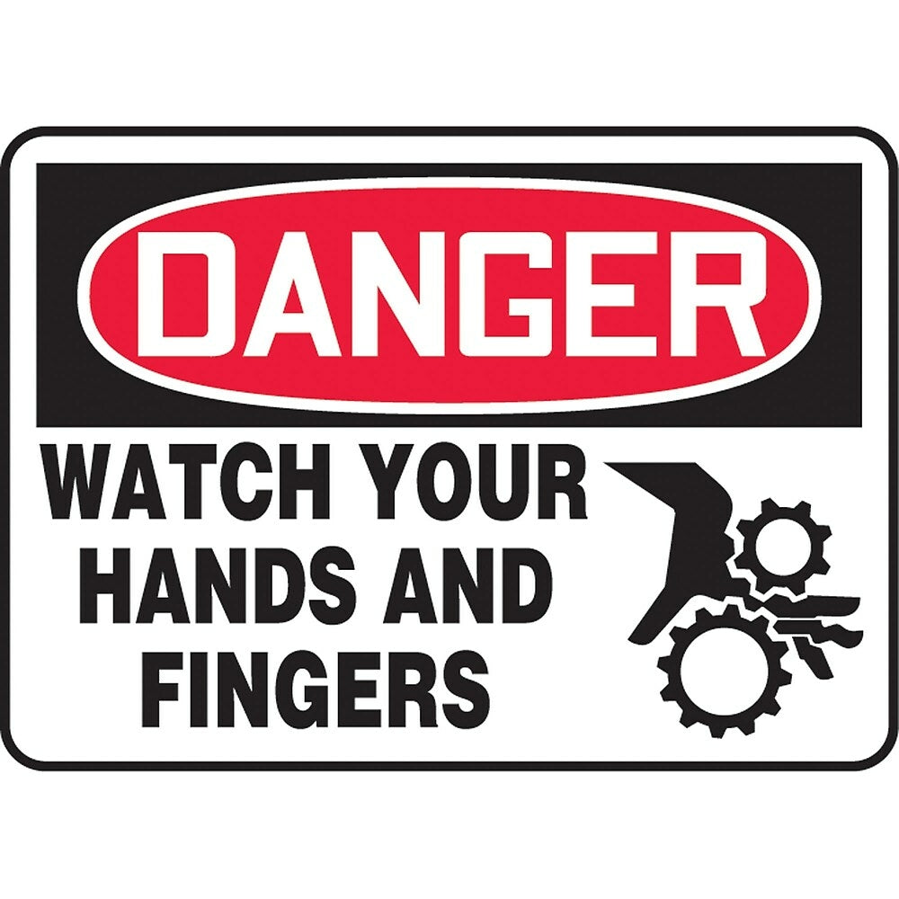 Image of Accuform Signs Watch Your Hands Sign, 7" x 10", Vinyl, English With Pictogram, White