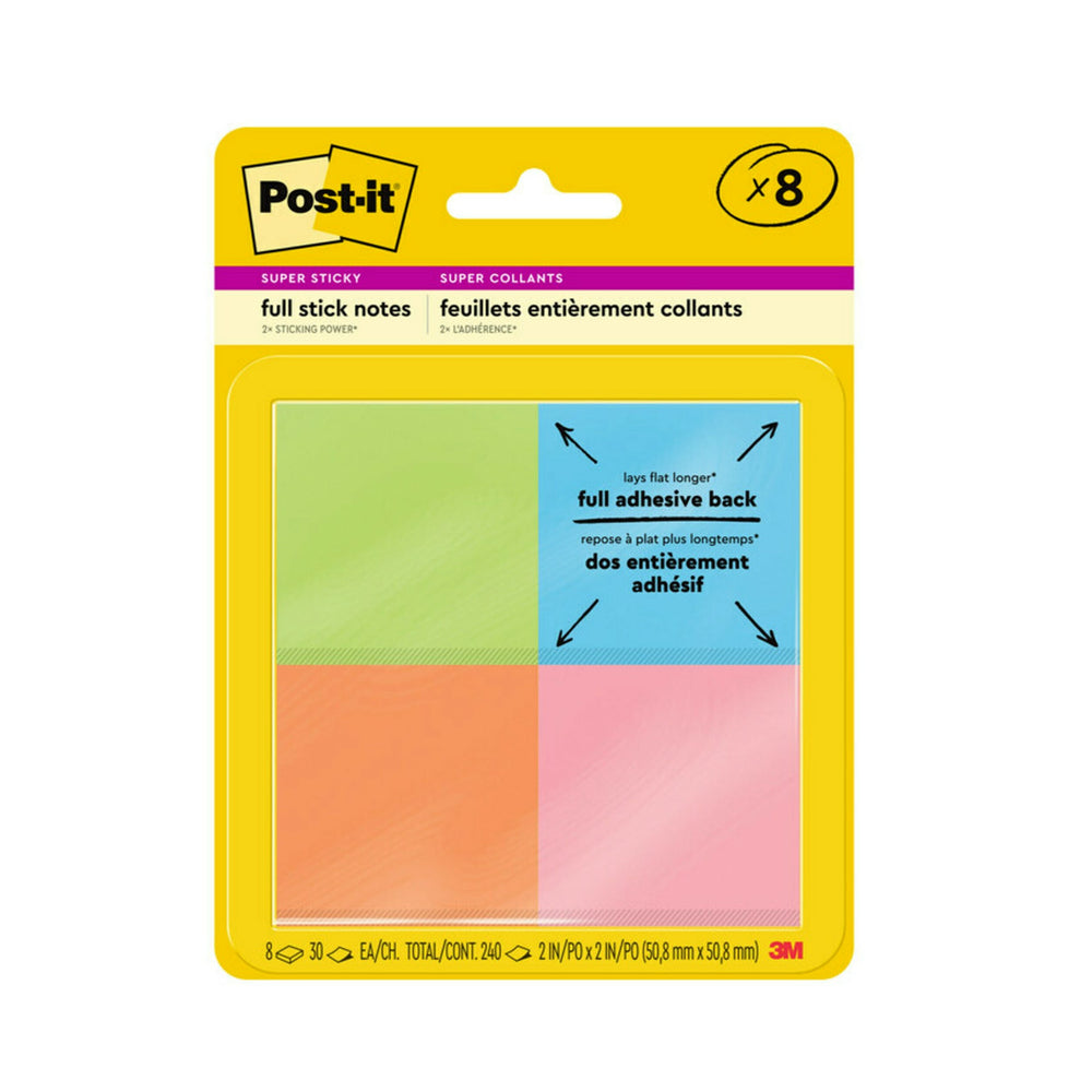 Image of Post-it Super Sticky Full Adhesive Notes - 1-7/8" x 1-7/8" - Energy Boost Collection - 200 sheets - 8 Pack, Multicolour
