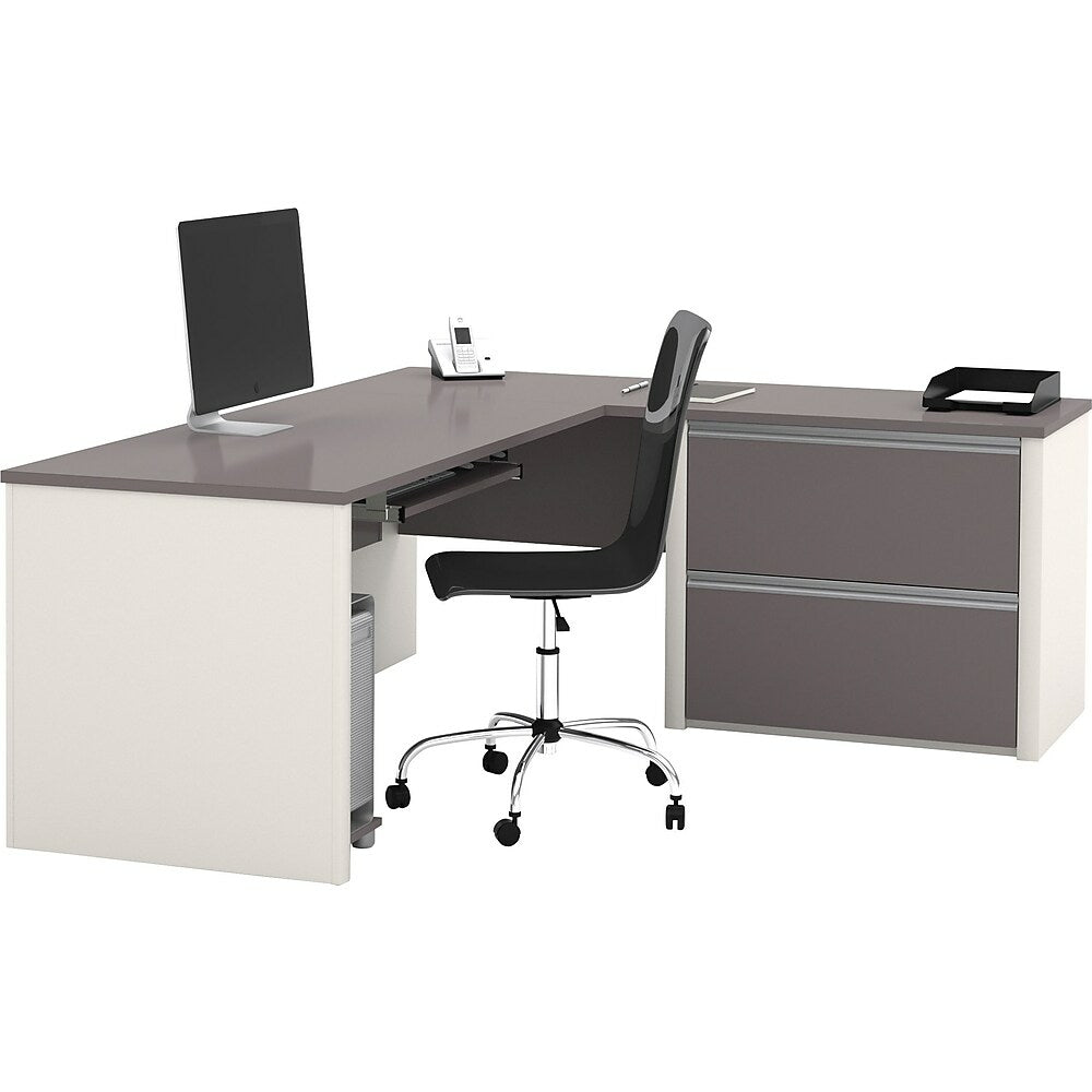 Image of Bestar Connexion Collection L-Shape Desk with Oversized Pedestal, Sandstone & Slate, Grey