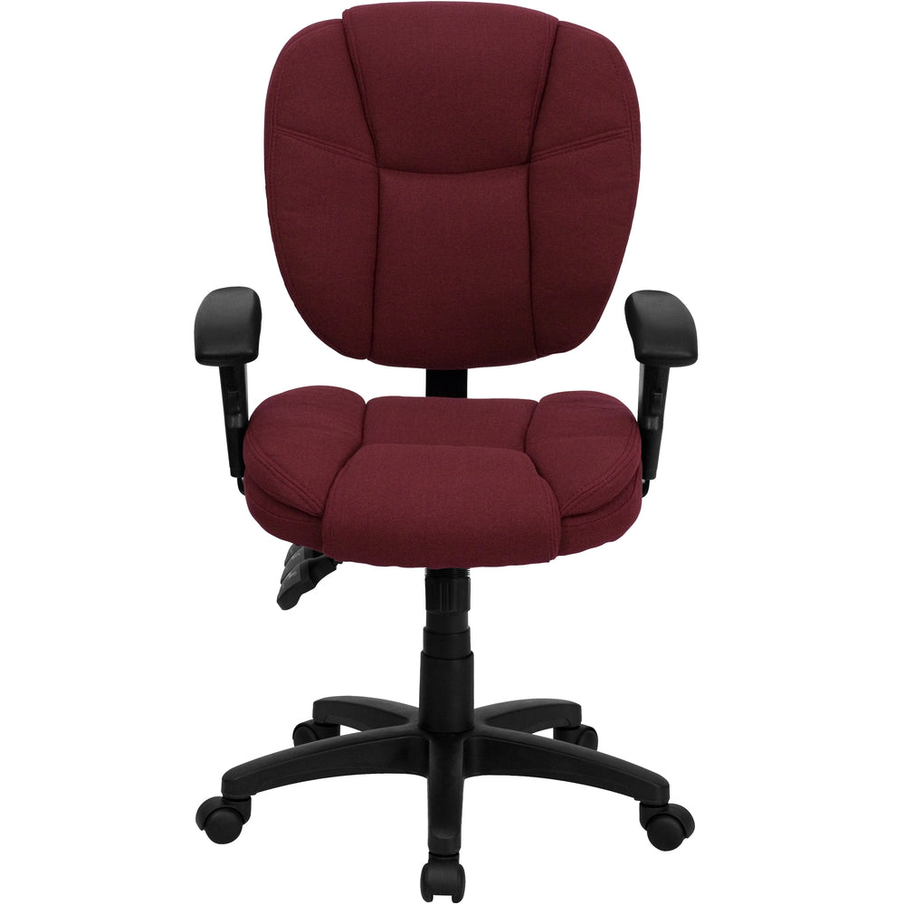 Image of Flash Furniture Mid-Back Fabric Multifunction Ergonomic Swivel Task Chair with Pillow Top Cushioning & Arms - Burgundy, Red