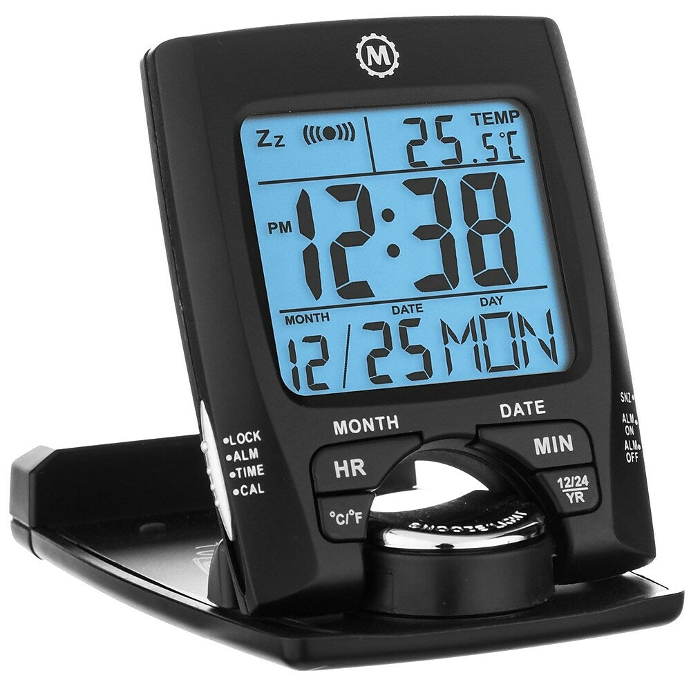 Image of Marathon Travel Alarm Clock with Calendar & Temperature, Black