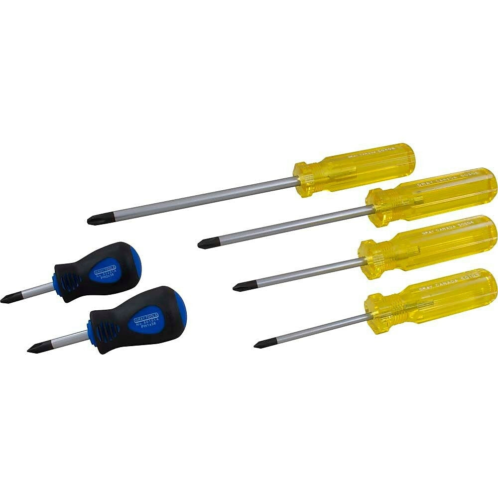 Image of Gray Tools 6 Piece Phillips Screwdriver Set, Stubby No.1 & No.2, No.1-No.4