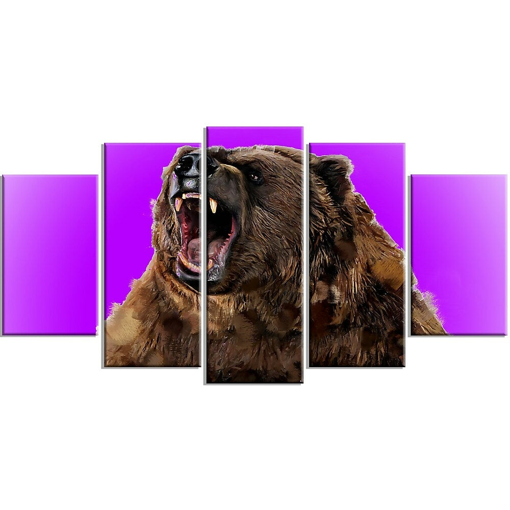 Image of Designart Fierce Grizzly, Purple Canvas Art Print, 5 Panels, (PT2348-373)