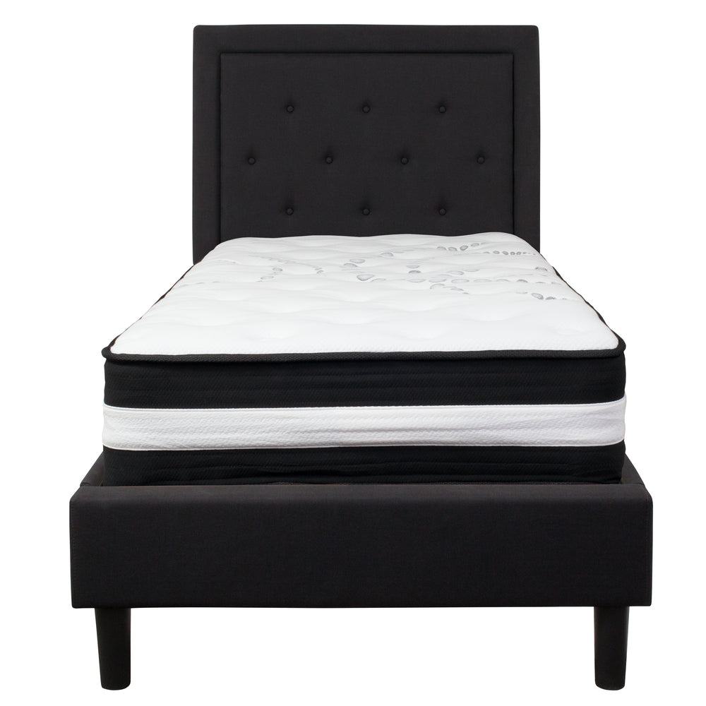 Image of Flash Furniture Roxbury Twin Size Tufted Upholstered Platform Bed with Pocket Spring Mattress - Black Fabric