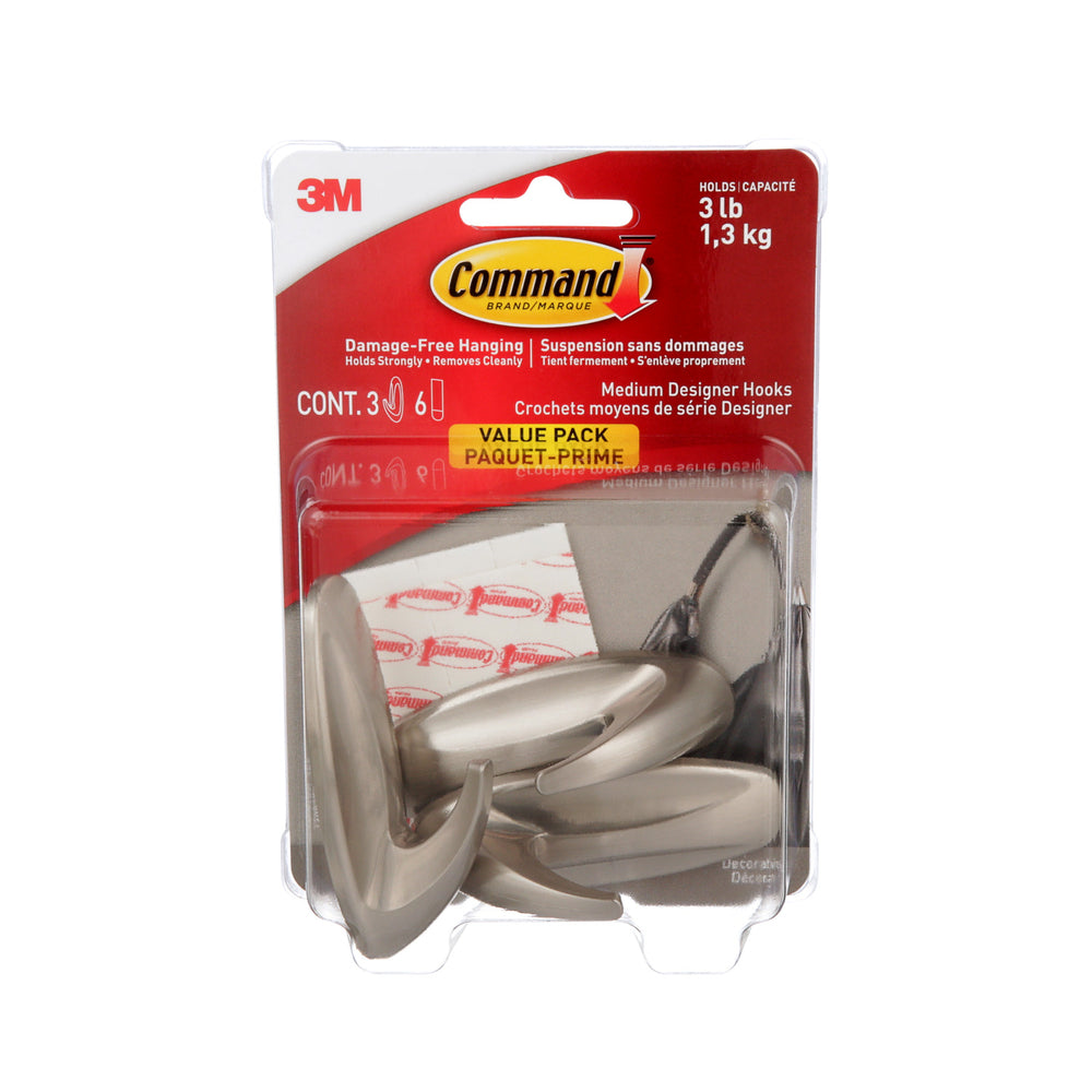 Image of Command Decorative Hooks - Medium - Brushed Nickel - 3 Pack