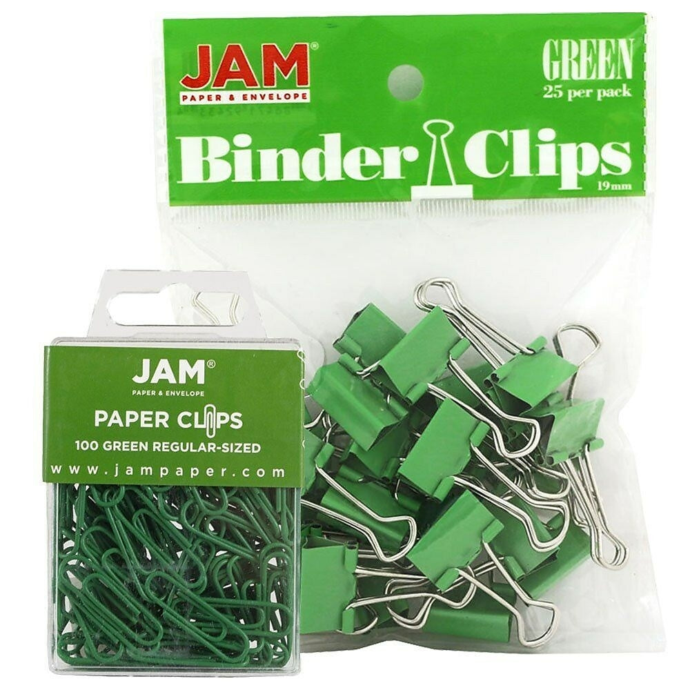 Image of JAM Paper Office Desk Supplies Bundle, Paper Clips & Binder Clips, Green (218334gr)