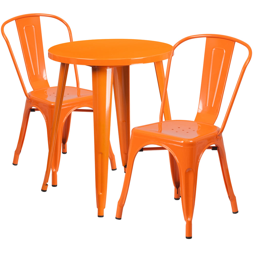 Image of 24" Round Orange Metal Indoor-Outdoor Table Set with 2 Cafe Chairs [CH-51080TH-2-18CAFE-OR-GG]