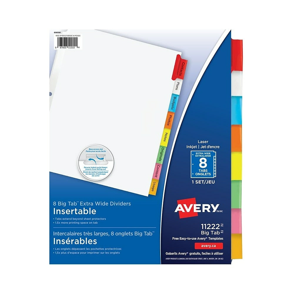 Image of Avery 9" x 11" Big Tab Insertable Dividers for Laser and Inkjet Printers - 8 Tabs - Multi-colour