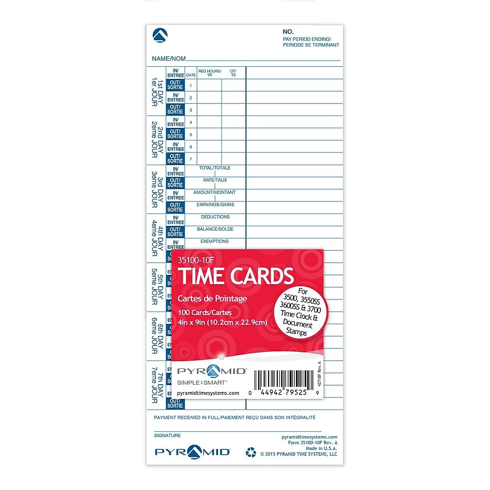 Image of Pyramid Time Systems Bilingual Weekly Time Cards 35100-10F for all side loading Time Clocks, 100 Pack
