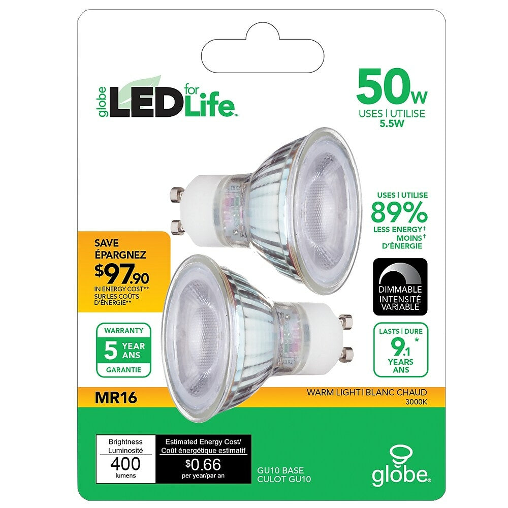 Image of Globe 5.5W eq 50W LED GU10 Glass Light Bulb, 2 Pack
